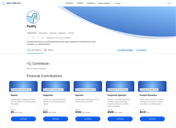 Fedify's Open Collective page showing the project logo, description as “A TypeScript library for building federated server apps powered by ActivityPub and other standards”, and five contribution tiers starting from $5/month Backer to $500/month Corporate Sponsor, with custom contribution options available.