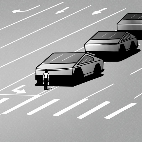 The man with the shopping bags of Tiananmen Square, now stopping Cybertrucks instead of tanks. 