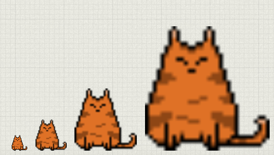 Four of the same pixelart orange tabby cat, of increasing size by powers of two; Showing the effect without any image-rendering property applied. For each cat up in size, it gets more blurry and looks bad.