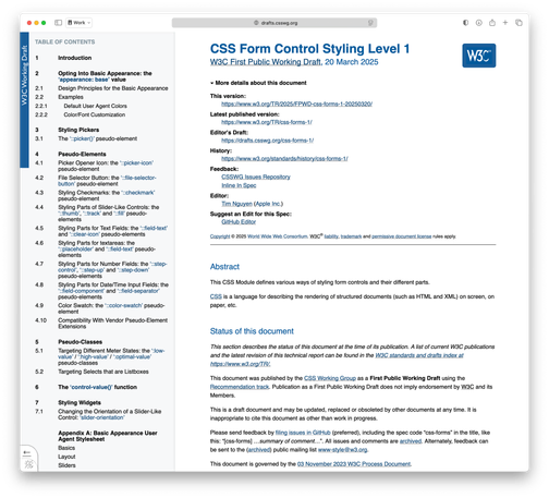 Screenshot of CSS Form Control Styling Level 1 First Public Working Draft web standard from the W3C's CSS Working Group