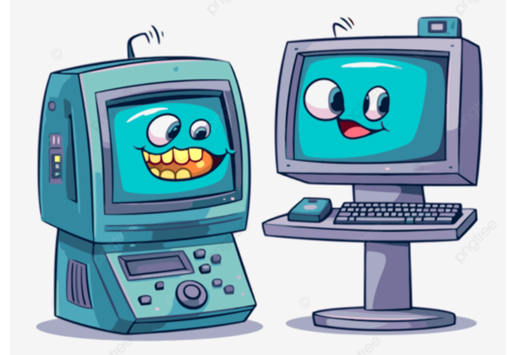 A cartoon of two computers hanging out with goofy expressions, looking like they're having a very silly conversation.