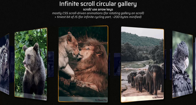 Scrolling a bunch of times back and forth to highlight the infinity part of the demo. Hovering the cards in the gallery makes them rotate around their axis.