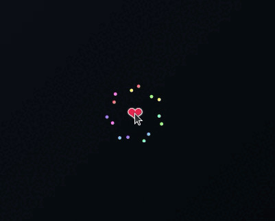 Shows the twitter heart animation with sparks flying away from it as it goes from grey to red on click.
