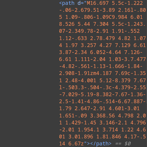 The current twitter heart in DevTools: created with an SVG path, but that path data is a lot of char vomit.