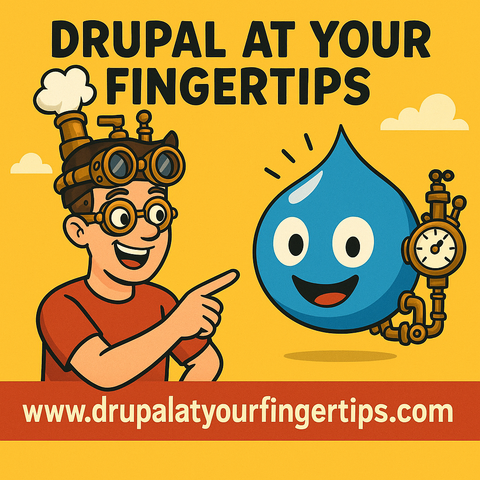 Image of developer pointing at Druplicon