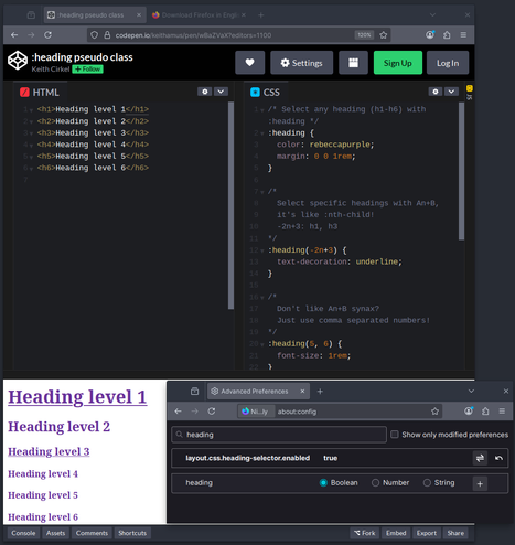 A screenshot of Firefox Nightly, with the Codepen https://codepen.io/keithamus/pen/wBaZVaX open. The page showing 6 heading levels, showing the CSS, HTML and the rendered page. Each heading is styled differently using the provided CSS selectors, `:heading` (which styles all headers), `:heading(-2n+3)` (styles h1 and h3 elements), `:heading(5, 6)` (styles the h5 and h6 elements). Another Firefox Nightly window is open, showing the `layout.css.heading-selector.enabled` flag is set to `true`, making the rendered page styled using the new selectors.