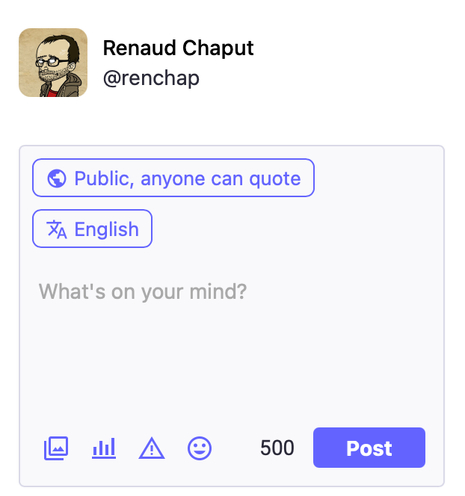 Screenshot of the Mastodon composer, showing a new visibility picker button with a "Public, anyone can quote" label