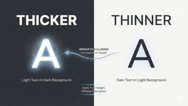 Thicker. Thinner. Irradiation illusion: perception of weight. A light text on dark background. Dark text on light background. Same font weight, different perception.