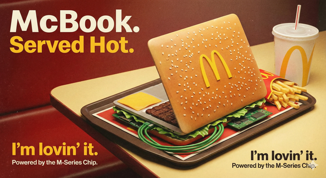 A satirical advertisement poster showing a McDonald's meal where the burger has been replaced by an open laptop designed to look like a cheeseburger. The laptop lid is a sesame seed bun with a yellow Golden Arches logo, the keyboard area is a beef patty with lettuce and cheese, and green wires act as garnish. It rests on a tray with french fries and a drink in a McDonald's booth. Text on the poster reads “McBook. Served Hot.” and “I'm lovin' it. Powered by the M-Series Chip.”
