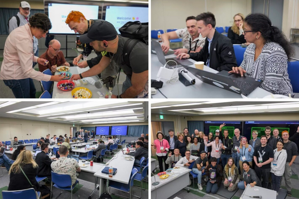 Four photos of the TPAC 2025 Hackathon, showing participants developing their projects.