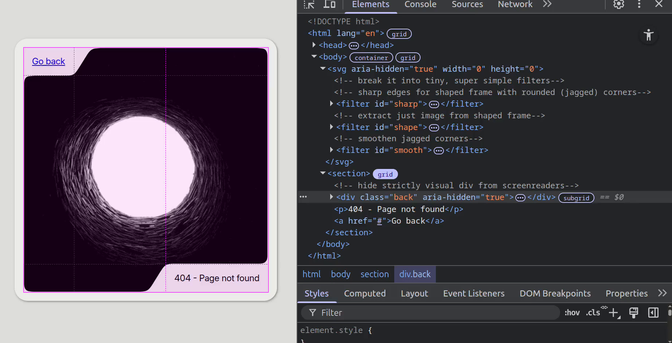 Demo recording. Shows a square image with cutouts depending on the dimensions of corner elements, dimensions that in turn depend on how the text in those corner elements reflows at different viewports.